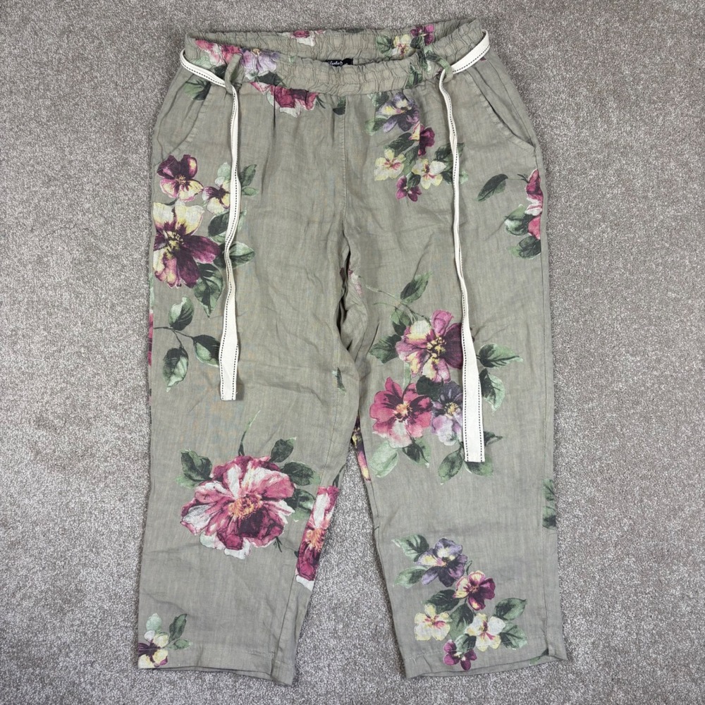 Charlie B Floral Linen Pants Womens Large Sage Green Italy Cropped Drawstring
